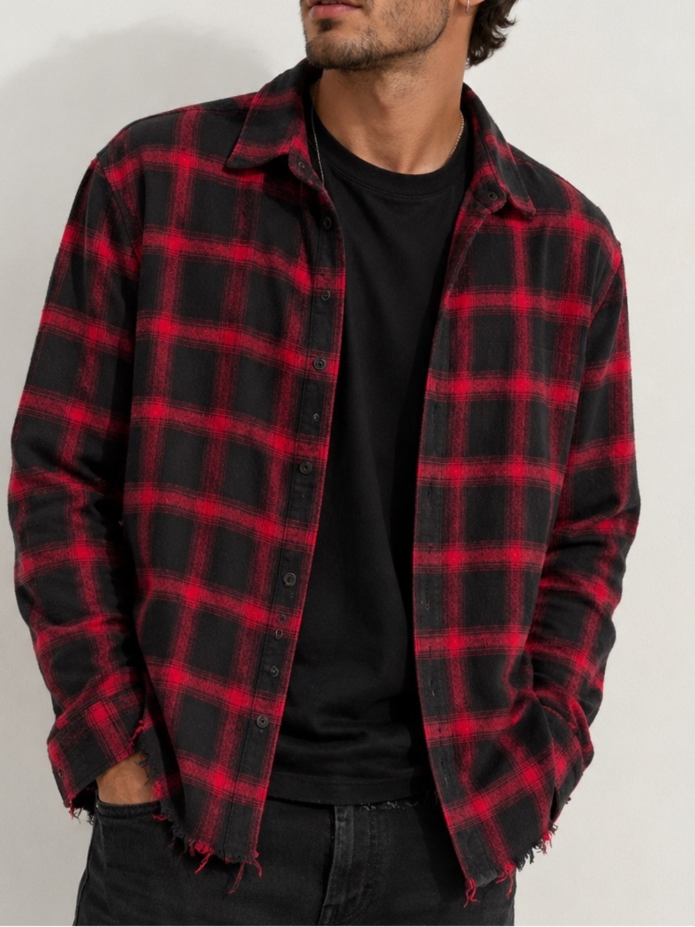 YoungLA Unisex Red Black Plaid Flannel Shirt Raw Hem Snap Button size men’s M